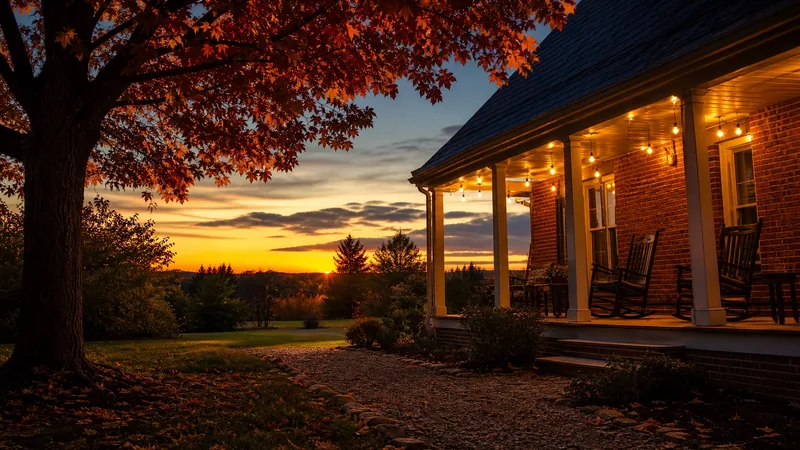 Brick guesthouse porch with rocking chairs at sunset, Cincinnati Short-Term Rental Registration