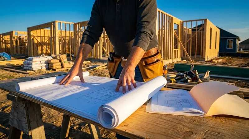 Contractor reviewing blueprints at a jobsite, Ohio Contractor License