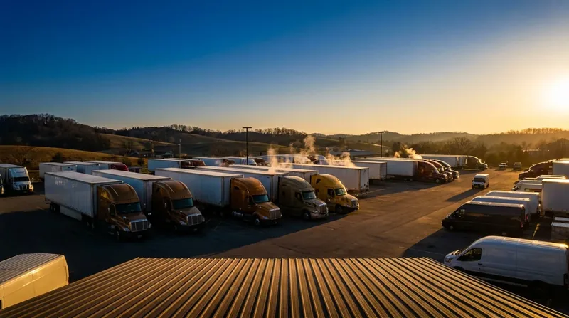 Box trucks and semis at a logistics yard, How to Start a Trucking Company in Ohio